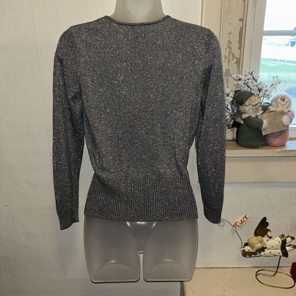New York Company Size S Sweater Silver Shimmer V Neck Gray Pullover Holiday Xmas - Picture 3 of 3
